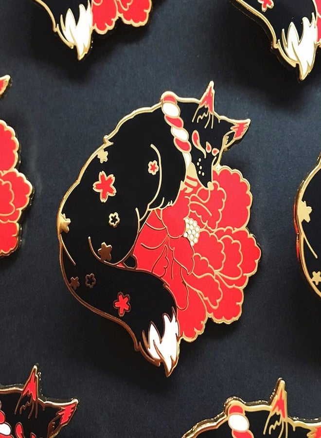 Untitled Black Kitsune Fox Red Flowers Japanese Enamel Pin Novelty Brooch Buttons Jewelry for Jackets Jeans Backpack Cloth Lapel Bag Hat Gift for Anime Lovers Men Women Girl Boy - Image 2